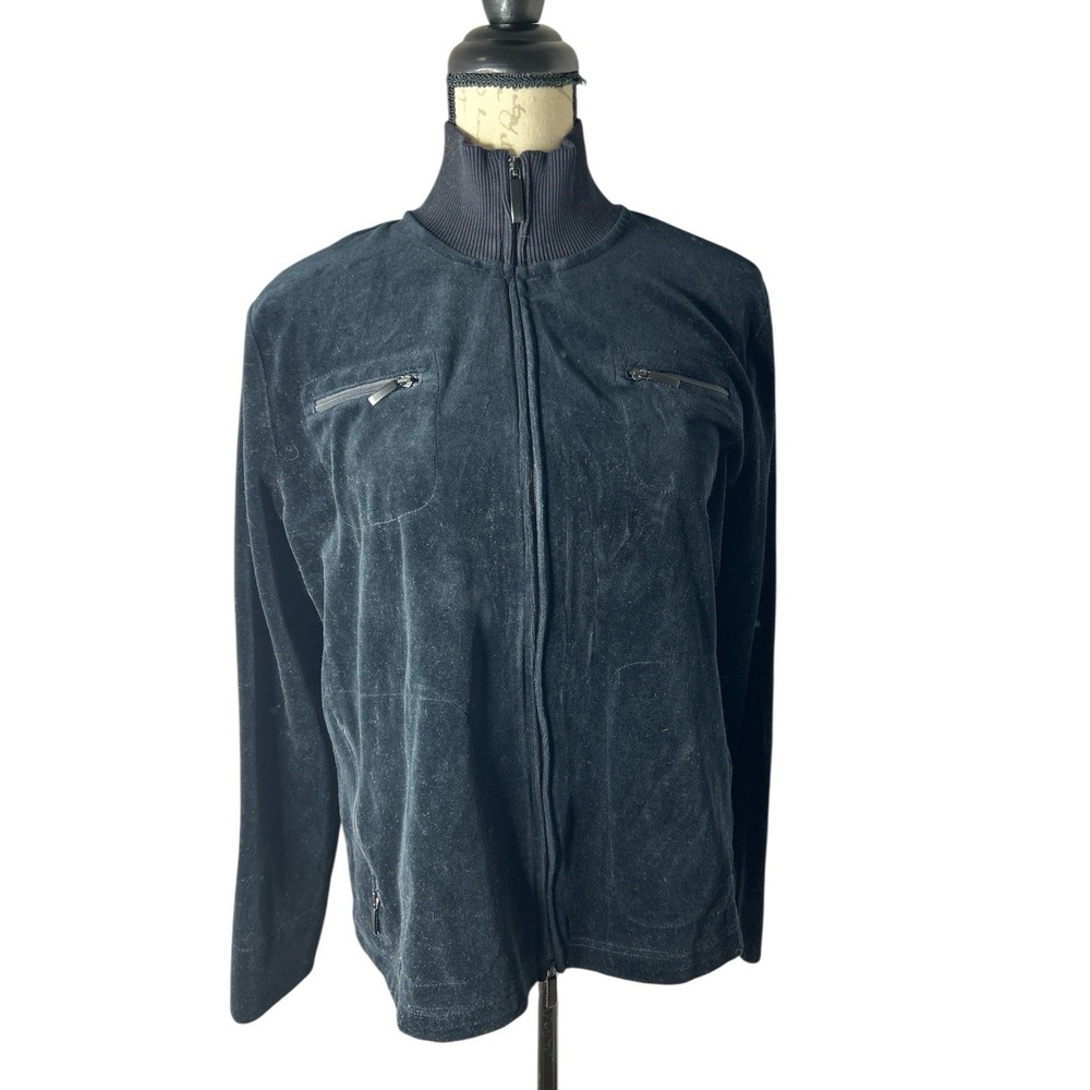 Lauren Ralph Lauren Velour Jacket Women's Size Large Black Full Zip Pocket